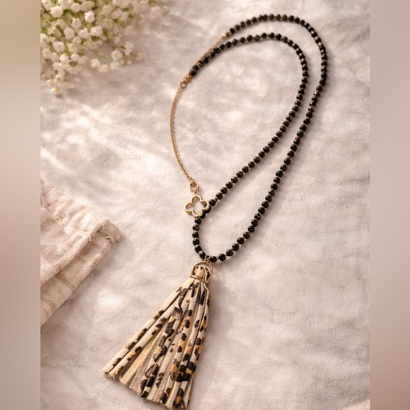 Love Jewelry - Clover Animal Print Beaded Tassel Necklace NWT